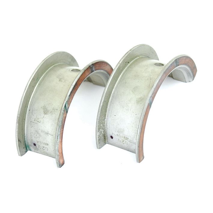 Two semi-circular metal shell bearings with a stamped identification code, displaying wear on the inner copper-colored surface, compatible with John Deere machinery and available in +0.020'' (0.50mm) size from Sparex under the product name Main Bearing +0.020'' (0.50mm) (Pair) | Sparex Part No.S.20943.