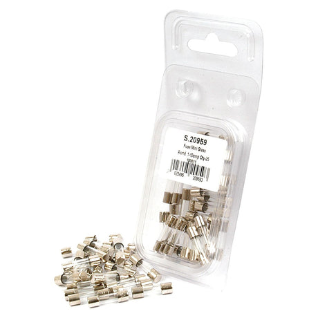 A plastic package labeled "Mini Glass Fuses Various 25 pcs. Agripak | Sparex Part No. S.20959," containing several Sparex Mini Glass Fuses, with additional fuses scattered outside the package.