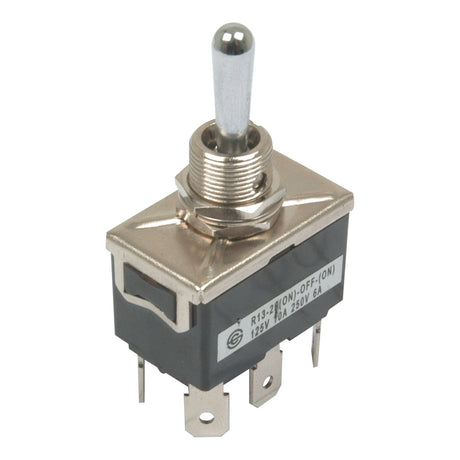 The Sparex Toggle Switch, (On)/Off/(On) Sprung Centred, also known by Part No. S.20969, is a single-pole double-throw (SPDT) toggle switch featuring a metal lever and three prongs for electrical connections, rated at 20 Amps and equipped with Sparex Spade Terminals.