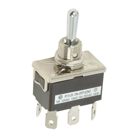 The Sparex Toggle Switch (Sparex Part No. S.20970) features a metal toggle with three positions labeled ON-OFF-(ON). It has a metallic lever, a rectangular black plastic base, and several spade terminals.