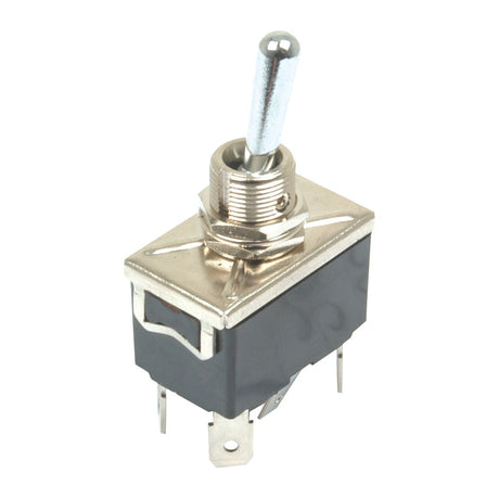 A Sparex Toggle Switch, On/Off/(On) Sprung Centred (Sparex Part No. S.20970) with a black plastic base and durable metal mounting hardware is shown. The switch features three spade terminals at the bottom for easy electrical connections.