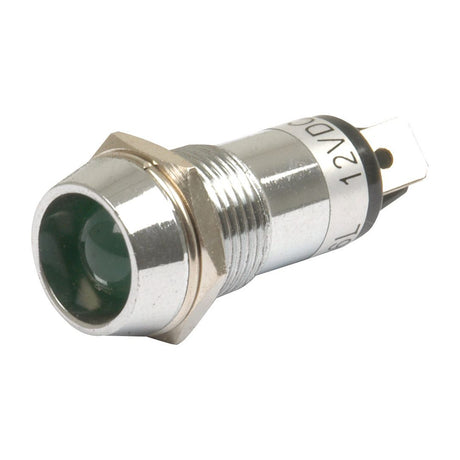 The Sparex LED Panel and Dashboard Light - S.20972 is a metal cylindrical LED indicator light featuring a 14mm mount diameter, threaded body, green lens, and screw type connectors labeled "12VDC.