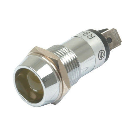 Introducing the LED Panel and Dashboard Light - S.20973 by Sparex: A metal push button switch with a silver housing, featuring a circular amber LED indicator light at one end, designed to operate on 12V.