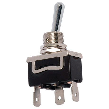 The Sparex Toggle Switch (Sparex Part No. S.20985) features a metallic design with three metal prongs at the base and a silver lever on top, offering an On/Off/On function. This black and silver switch is compatible with Sparex Connectors for seamless integration.