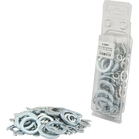 A plastic container with a weight of 0.48kg, labeled as Sparex Part No. S.20987, holds various sizes of zinc-plated Imperial spring washers, with many DIN 127B washers scattered in front of it, all branded under Sparex.