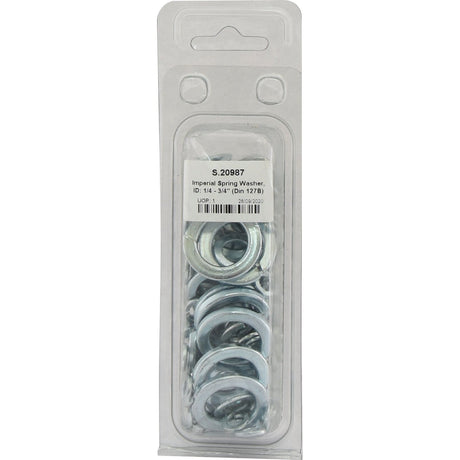 A package of Sparex zinc plated imperial spring washers, labeled "ID: 1/4 - 3/4 (Dia DIN 127B)," with several sturdy metal washers visible through the clear plastic packaging. The product weighs 0.48kg and has the Sparex Part No.S.20987.