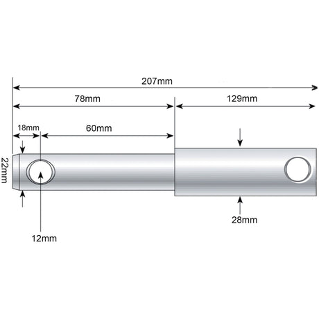 Technical diagram of the Sparex Lower Link Weld On Implement Mounting Pin Cat. 1/2 (Sparex Part No. S.209) shows a cylindrical rod with an overall length of 207mm. The working length is divided into segments measuring 78mm, 129mm, and 60mm, featuring pin diameters of 28mm, 22mm, 18mm, and 12mm.