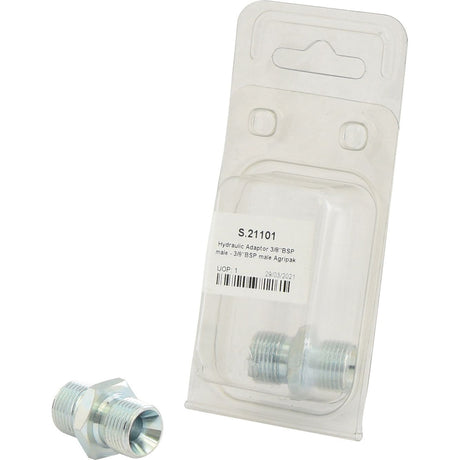 A packaged hydraulic adaptor with one adaptor outside the package. The label on the package reads "Hydraulic Adaptor 3/8'' BSP Male x 3/8'' BSP Male (Agripak 1 pc.) | Sparex Part No.S.21101." Additionally, Sparex branding ensures quality.