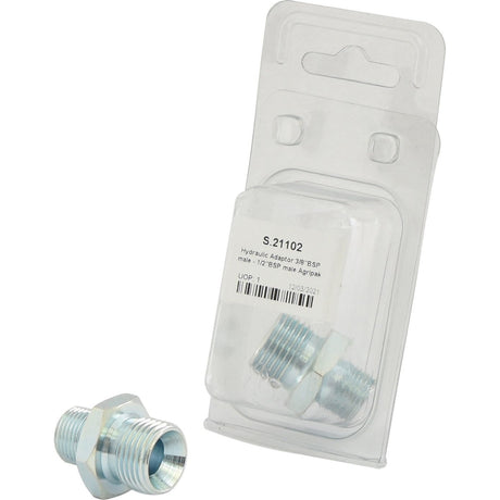 A metallic hydraulic adapter featuring 3/8" BSP male threads and 1/2" BSP male threads is shown alongside clear plastic packaging labeled "S.21102" from Sparex.