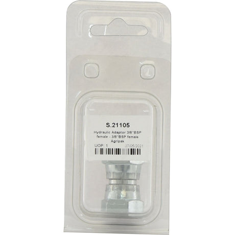 Plastic packaging from Agripak holds a Sparex hydraulic adaptor labeled "Hydraulic Adaptor 3/8'' BSP Female - 3/8'' BSP Female," dated "07/05/2021. Part No.: S.21105".