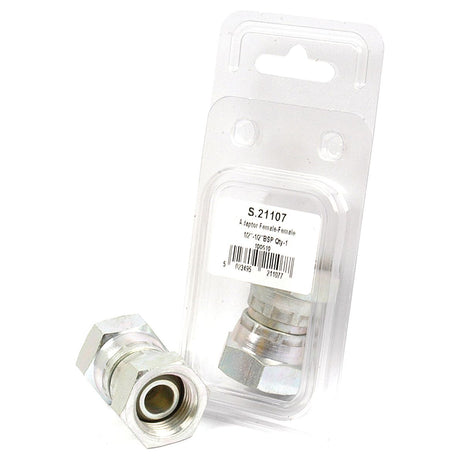 Two hexagonal metal caps, one in front and the other inside clear plastic packaging with a white label displaying the product number S.21107 and other specifications. This Hydraulic Adaptor from Sparex is designed with a 1/2'' BSP Swivel Female fitting for versatile use.