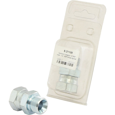 The Sparex Hydraulic Adaptor 1/2” BSP Male x 1/2” BSP Swivel Female (Agripak 1 pc.), model S.21108, is displayed both with and without its transparent plastic packaging. This adaptor features BSP Male to BSP Swivel Female connections to ensure a secure fit.