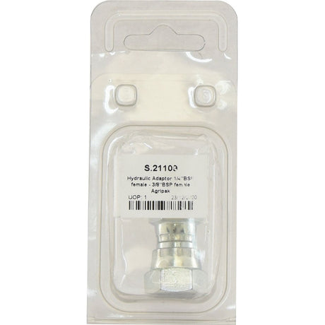 Hydraulic Adaptor 1/4'' BSP Swivel Female x 3/8'' BSP Swivel Female (Sparex Part No.S.21109) packaged in a clear plastic casing with a white Sparex label displaying product details.