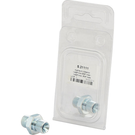 A packaged Sparex Hydraulic Adaptor 1/4'' BSP Male x 1/4'' BSP Male (Agripak 1 pc.), labeled with Sparex Part No. S.21111, is displayed alongside an identical unpackaged BSP Male adaptor. Both adaptors have threaded ends and are branded as Sparex S.21111.