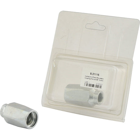 A clear plastic package contains a hydraulic fitting with a product label that reads "Sparex Hydraulic 2-Piece Re-usable Coupling Ferrule 3/8'' 2-wire non-skive Agripak | Sparex Part No.S.21115," suitable for Chapman Barrel Type 2-3/16. Additionally, a non-skive ferrule fitting is placed next to the package.