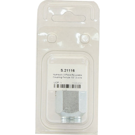 The Sparex Agripak plastic packaging contains a Hydraulic 2-Piece Re-usable Coupling Ferrule for a 1/2" 2-wire. The packaging, ideal for non-skive applications, shows the part number "S.21116" and the date "1/03/2021".