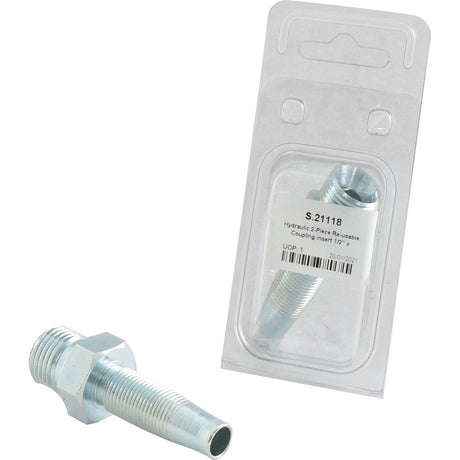 The Sparex Hydraulic 2-Piece Re-usable Coupling Insert, 1/2'' x 1/2'' BSP male (Sparex Part No. S.21118), is shown packaged in a clear plastic container.