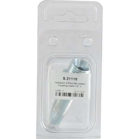 The Sparex Hydraulic 2-Piece Re-usable Coupling Insert, 1/2" x 1/2" BSP male Agripak, comes in clear plastic packaging with product code S.21118 and a label displaying specifications.