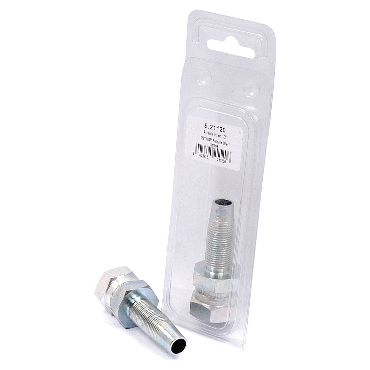 Two re-usable metal hose fittings, one inside clear plastic packaging and one standing upright outside the package, featuring a 1/2" BSP female insert. These are the Hydraulic 2-Piece Re-usable Coupling Inserts (1/2'' x 1/2'' BSP female) from Sparex, identified by Sparex Part No. S.21120, isolated on a white background.
