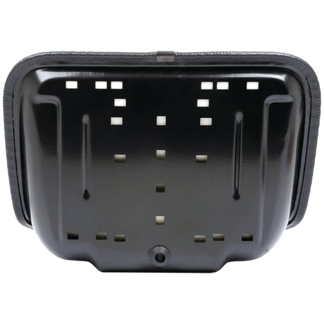 A front view of the Sparex Seat Assembly - S.2112, a black rectangular object featuring multiple square holes and rounded edges.