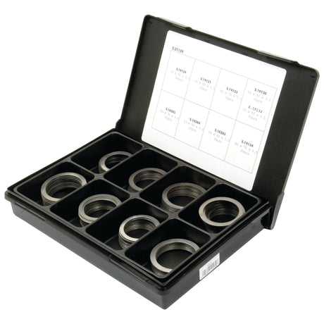 The Sparex Metric Shim Washer Handipak (Sparex Part No. S.21139) features a black plastic case containing an assortment of circular metal rings, including Metric Shim Washers (DIN 988) with inner diameters ranging from 50-60mm and outer diameters ranging from 62-75mm. These washers are neatly organized in compartments, and the lid contains a reference chart for easy identification.
