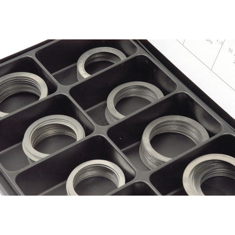 The Sparex black plastic case contains several compartments, each holding a stack of Metric Shim Washers (ID: 50-60mm, OD: 62-75mm, DIN 988) with Sparex Part No. S.21139.