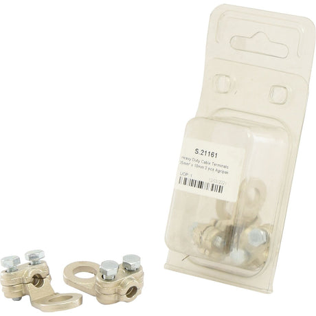 Image of two Heavy Duty Cable Terminals (25mm² x 13mm) placed beside Sparex Agripak packaging labeled "S.21161", with text indicating contents and specifications.