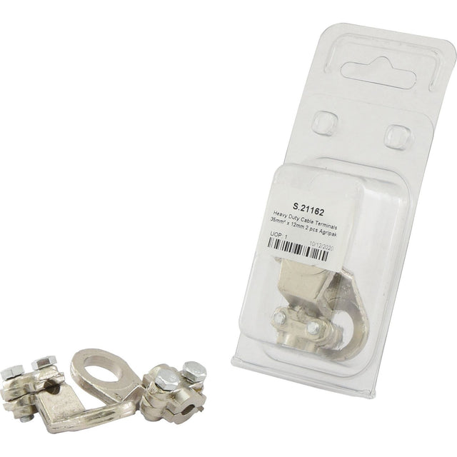 The Sparex Heavy Duty Cable Terminal 35mm² x 14mm (Agripak 2 pcs.), Sparex Part No. S.21162, is shown with a bolt both packaged and unpackaged on a white background.