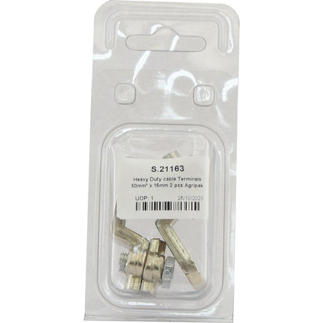 Two-pack of heavy-duty cable terminals (50mm² x 15mm), labeled Sparex Part No. S.21163, also compatible with Sparex 5589.