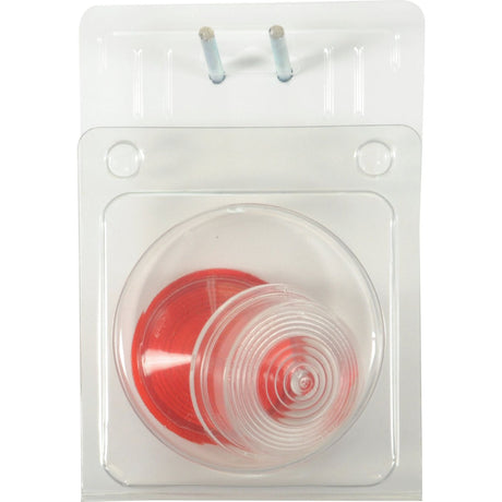 The Sparex Replacement Lens, model S.21171, is a packaged round red and clear polycarbonate reflector, sealed inside a transparent plastic case with two mounting pegs at the top. Ideal as a replacement lens or marker light for various applications.