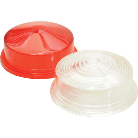 The Sparex Replacement Lens, product number S.21171, features two round lids available in red and clear, each with a slightly domed shape and concentric circular ridges. These are perfect as polycarbonate replacement lenses for your marker light.