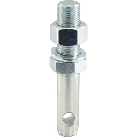 Utilize the Sparex Lower Link Implement Pin (Part No. S.211), 22x135mm in size, featuring a 7/8'' x 70mm UNF threaded top that is secured with two hex nuts and a washer, and incorporates a hole at the bottom for fastening with a cotter pin; effective working length of 46mm.