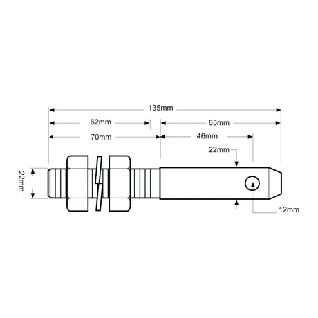 Technical drawing of the Sparex Lower Link Implement Pin 22x135mm showing dimensions in millimeters: total length 135mm, various sections measuring 62mm, 65mm, and thread size of 7/8'' x 70mm; working length is 46mm; width is 22mm with ends measuring at narrower width of 12mm. Sparex Part No. S.211, Cat.1 category implement pin.