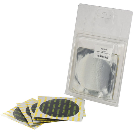 Included in the pack are circular agripak patches with a silver and black design, along with three separate tube patches. The product, known as REPAIR PATCH-TUBE-75MM A'PAK from Sparex (Part No.S.21214), is conveniently packaged in plastic.