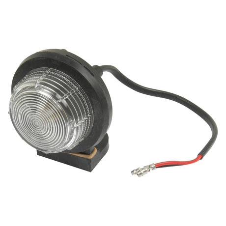 The Marker Light - Front Facing (Halogen), RH & LH, 12V - S.21215 by Sparex features a round, clear lens with black housing and two connected wires—one black and one red. The clear lens material ensures optimal visibility, while the halogen light source provides bright and dependable illumination.