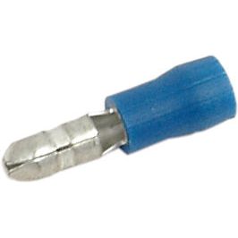 Close-up of a Sparex Pre Insulated Bullet Terminal, Standard Grip - Male, 4.0mm, Blue (1.5 - 2.5mm) with a plastic insulating sleeve and a crimped metal end.