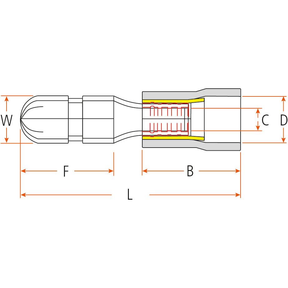 Technical drawing of the Pre Insulated Bullet Terminal, Standard Grip - Male (Sparex Part No. S.21217) with labeled measurements: total length (L), front section (F), back section (B), outer diameter (D), and the width of the pin tip (W). This Blue 4.0mm terminal, suitable for 1.5 - 2.5mm wires, ensures secure connections under the reputable Sparex brand name.
