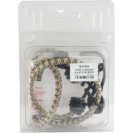 The Sparex A\'PAK-LUGGAGE ELASTIC 24''/60CM - S.21234 features a multicolored polypropylene cord coiled neatly inside clear Agripak plastic packaging with a white background, and is equipped with a hook at each end.