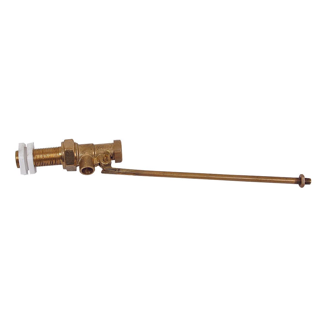 The Sparex Ball Valve 1/2'' BSP x 2'' (Part No. S.21283) with a threaded inlet, outlet port, and attached float arm is used for controlling water input in tanks.