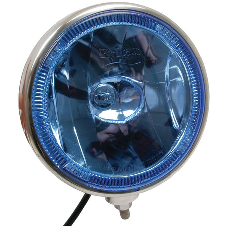 The Sparex Driving Light (Halogen), 12V, Ø198mm, comes with a stylish chrome border and a single black wire at the bottom. This round blue headlight is perfect for use as a reliable driving light.