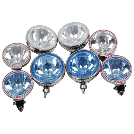 Eight Sparex Driving Light (Halogen), 12V, Ø198mm lights are displayed in two rows; five with silver reflectors and three with blue reflectors.