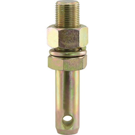 The Sparex Lower Link Implement Pin, measuring 28x152mm and featuring a 1 1/8'' x 76mm UNF thread size, comes with a hexagonal nut and washer. This Cat. 2 pin is designed for precise fastening applications.