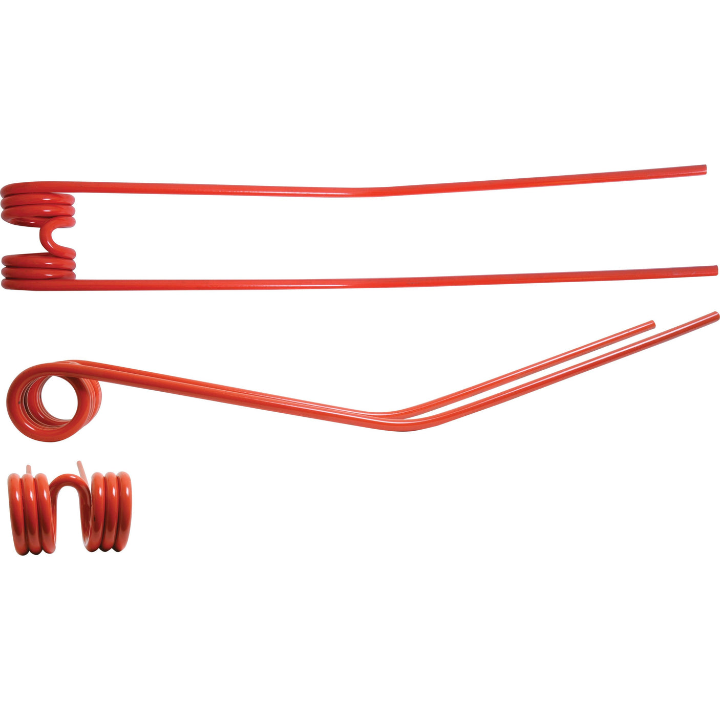 Three red wire bending tools, including the Sparex Swather/Tedder Tine (600mm length, 91mm width, Ø9.4mm) - Replacement for Fella (To fit as: 492816 | Sparex Part No.S.21309), in various shapes and sizes, each featuring coiled and straight sections, displayed on a white background.