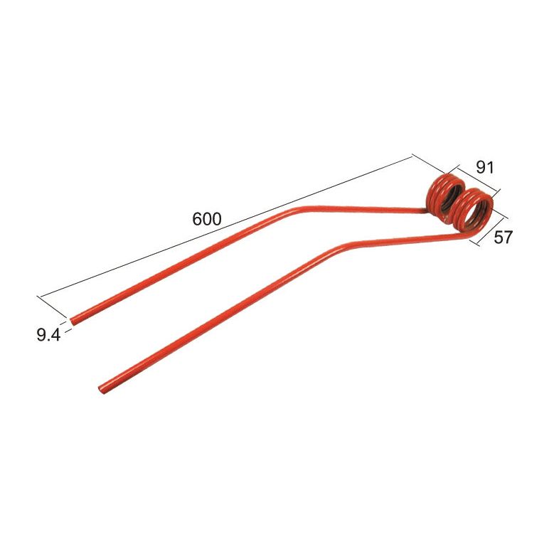 The Sparex Swather/Tedder Tine, with an overall length of 600mm, coil diameter of 57mm, width of 91mm, and wire diameter of Ø9.4mm, is a suitable replacement for Fella models such as the Fella 335DN. This part fits as 492816 and is identified by Sparex Part No. S.21309.