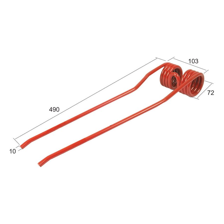 A red, metal Swather/Tedder Tine, branded Sparex, with dimensions: 490mm length, 103mm width, and a 10mm rod thickness. This model is a replacement for JF and Stoll equipment. You can fit it as OE Reference: Stoll CRS400 or part number 14330308 (Sparex Part No.S.21310).