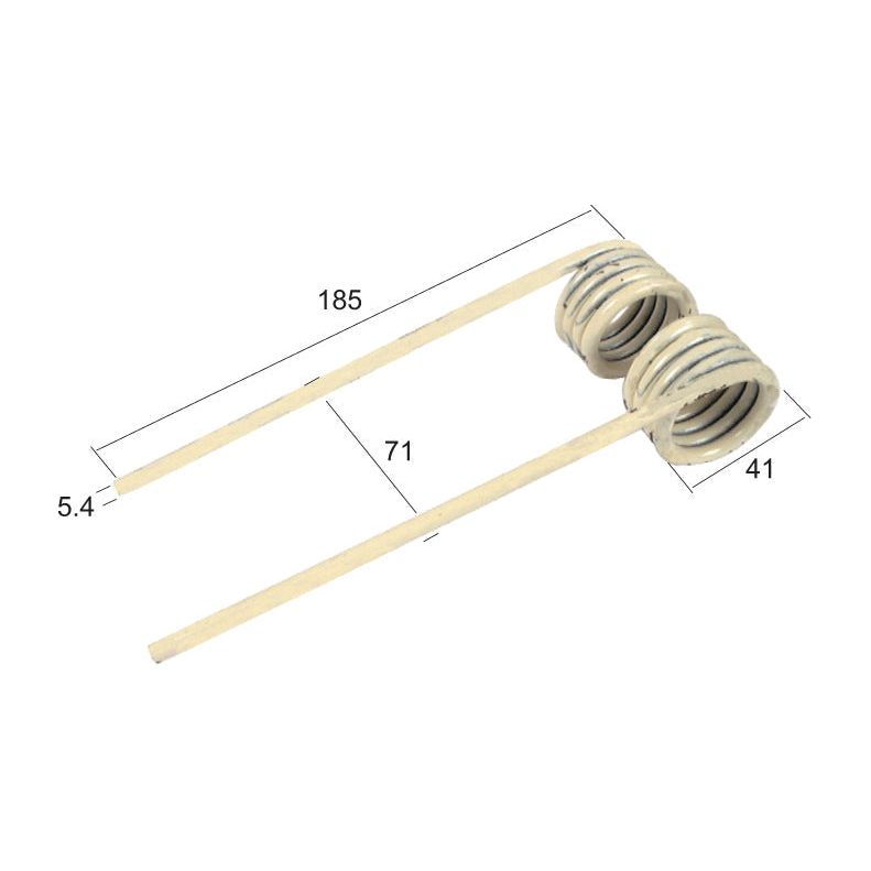 A diagram of the Sparex Pick-Up Tine metal coil component with dimensions in millimeters, suitable for informational purposes. The entire length is 185mm, the width (inner segment) is 71mm, and the wire diameter is Ø5.4mm. Suitable as a replacement for Rivierre Casalis, PZ To fit R0114502 | Sparex Part No.S.21318.
