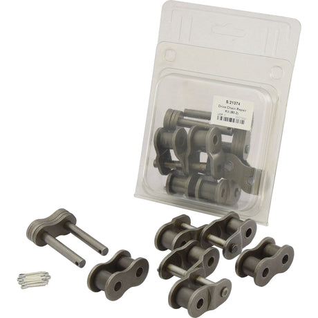 A Drive Chain Repair Kit (80-2) by Sparex, including several metal chain links and pins packaged in a plastic Agripak, with additional loose duplex roller chain links and pins outside of the packaging.