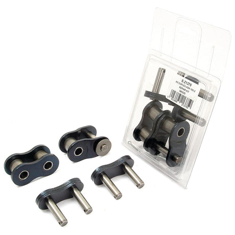 A Sparex Drive Chain Repair Kit (100-2) - S.21375, featuring master links and connecting pins, including several Duplex pieces both laid out and secured in clear plastic packaging.