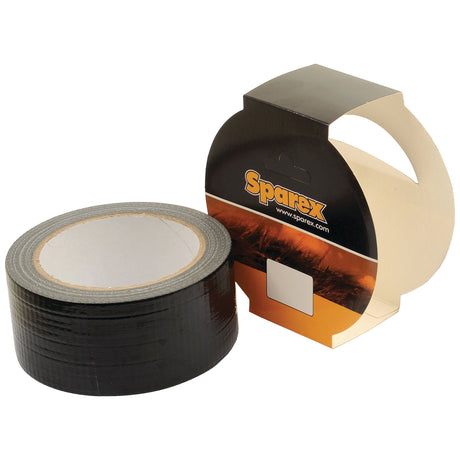 A roll of Repair and Protection Tape, identified by Sparex Part No. S.21383, is partially unwrapped and displayed next to its packaging labeled "Sparex." With dimensions of 50mm in width and 25m in length, this heavy-duty black tape is perfect for repair and protection tasks.