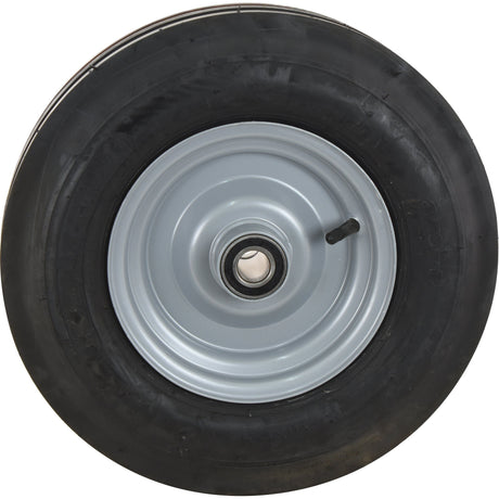 A close-up image shows a clean and unused Sparex Complete Wheel, 3.50 - 8, 8'', 4PR, featuring a black rubber tire with a silver metal hubcap and protruding valve. The tire sports a distinct 3 Rib design.